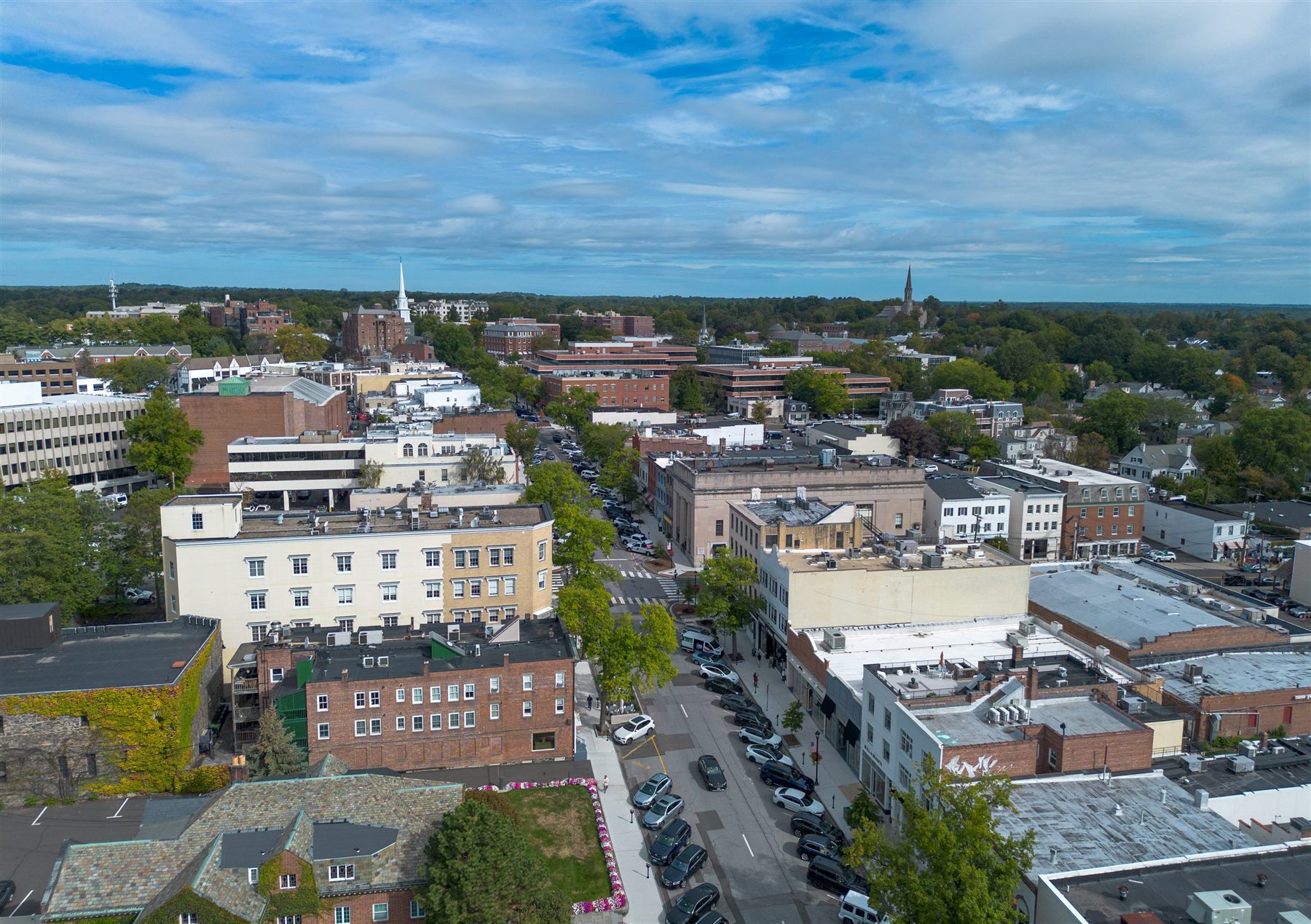 Aerial view of the Greenwich Avenue Historic District in Greenwich, Connecticut