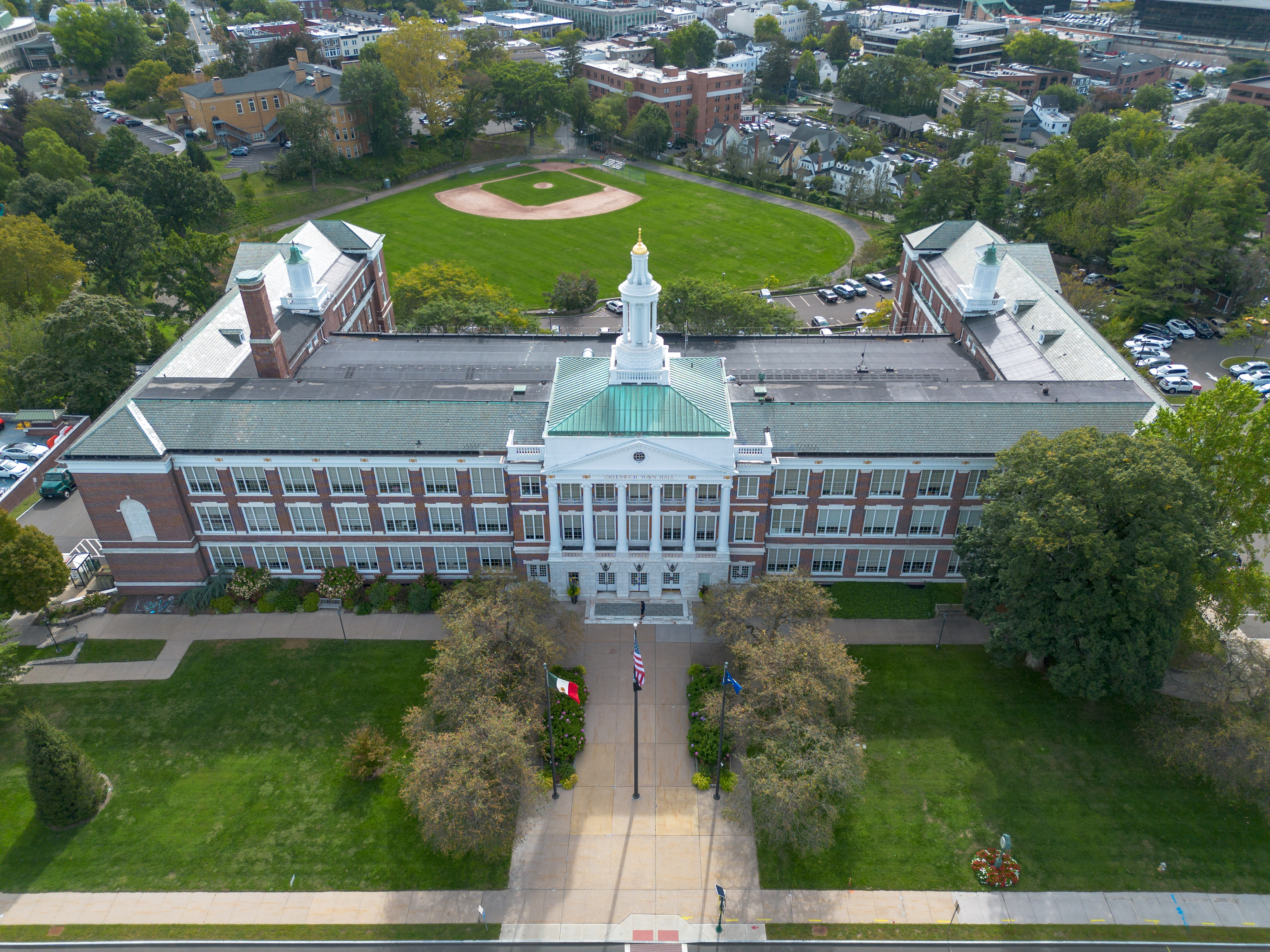 Greenwich Town Hall viewed from above in downtown Greenwich